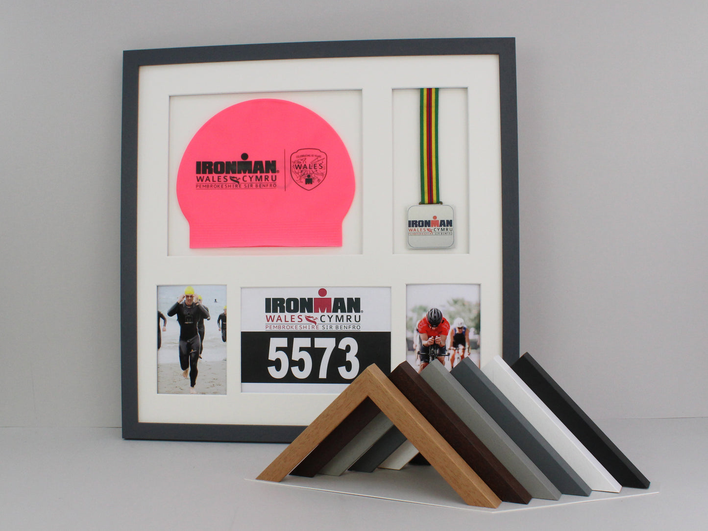 Medal display Frame with Apertures for Swim Cap, Running Bib, Medal and two Photos. 50x50cm. Swimmers | Triathletes | Athletes - PhotoFramesandMore - Wooden Picture Frames