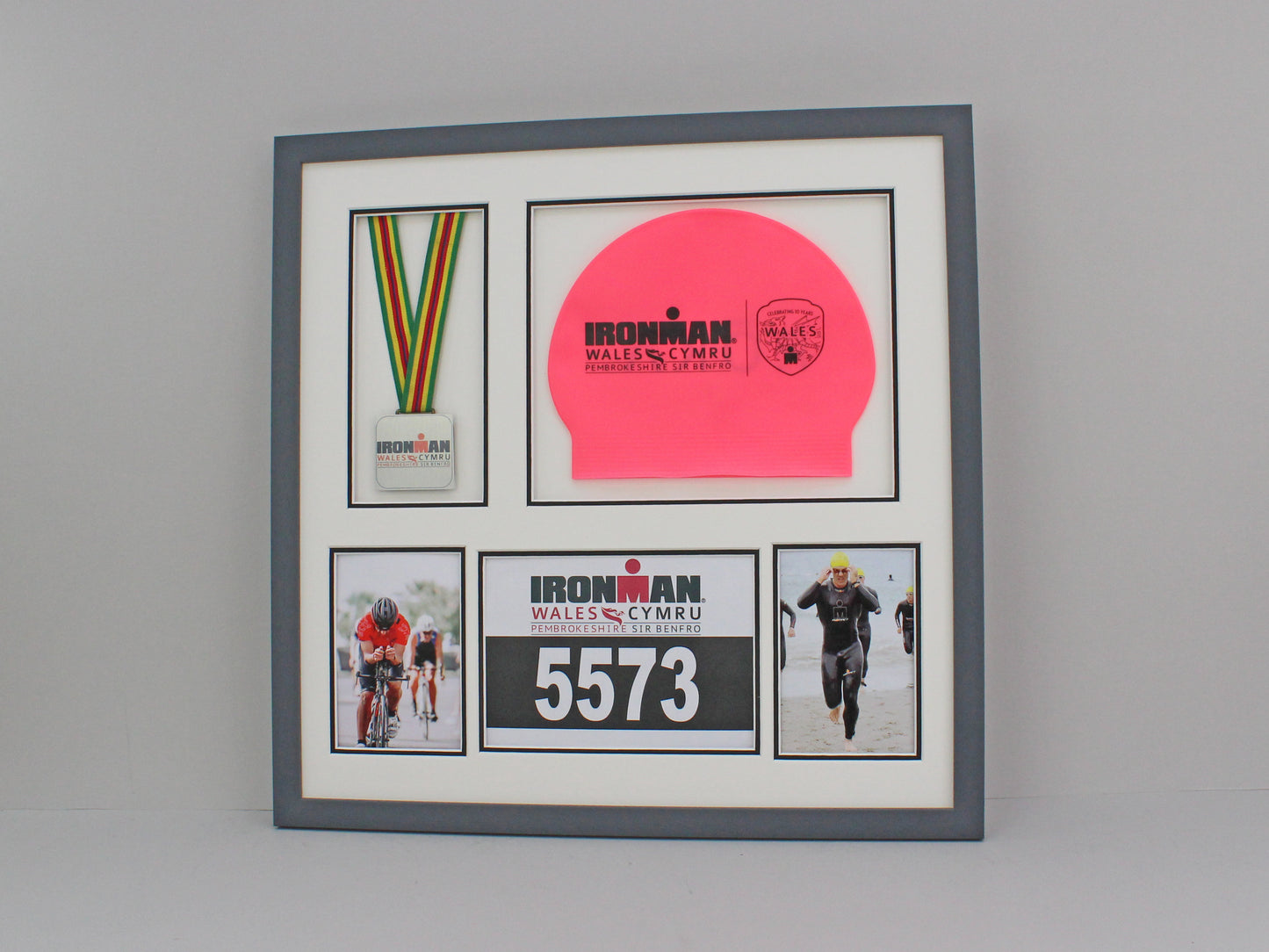 Medal display Frame with Apertures for Swim Cap, Running Bib, Medal and two Photos. 50x50cm. Swimmers | Triathletes | Athletes - PhotoFramesandMore - Wooden Picture Frames