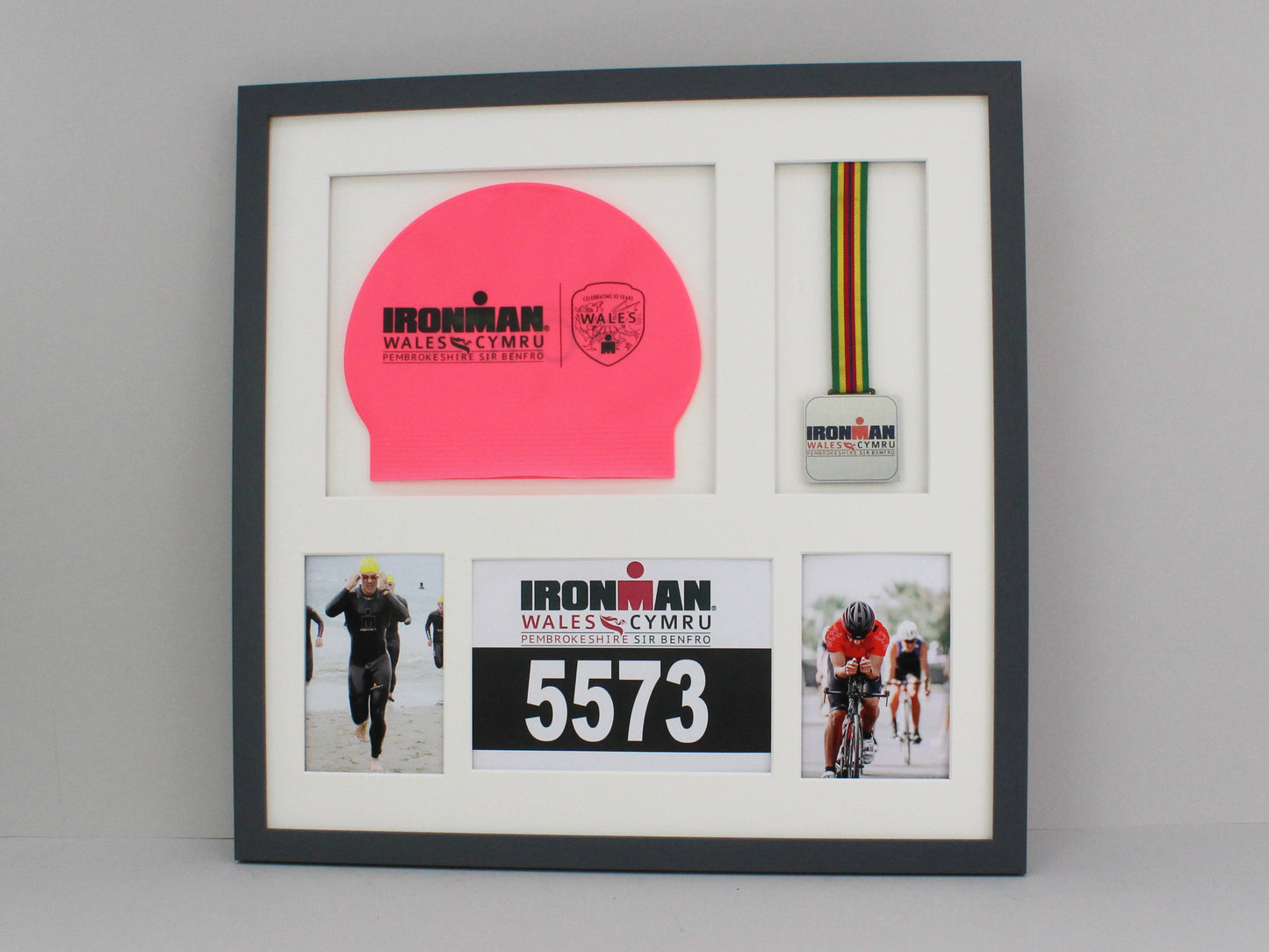Medal display Frame with Apertures for Swim Cap, Running Bib, Medal and two Photos. 50x50cm. Swimmers | Triathletes | Athletes - PhotoFramesandMore - Wooden Picture Frames