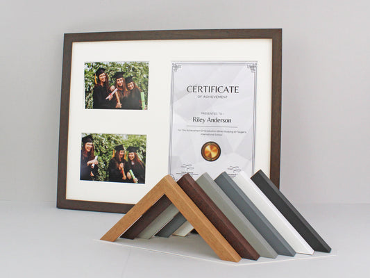 Certificate, Graduation, Diploma Frame with Two Photos. Suits an A4 sized Photo/Certificate and Two 5x7" Photos. - PhotoFramesandMore - Wooden Picture Frames