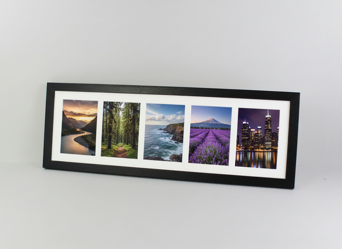Suits Five 6x4" photos. 20x60cm. Wooden Multi Aperture Photo Frame.
