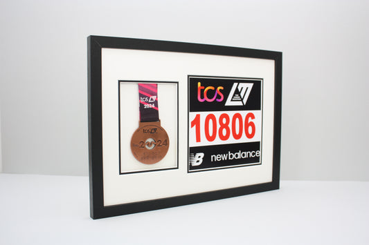 London Marathon 2024 - Medal and race number display. This frame is designed to proudly display your Medal and 20x20cm Bib. Wooden Frame.