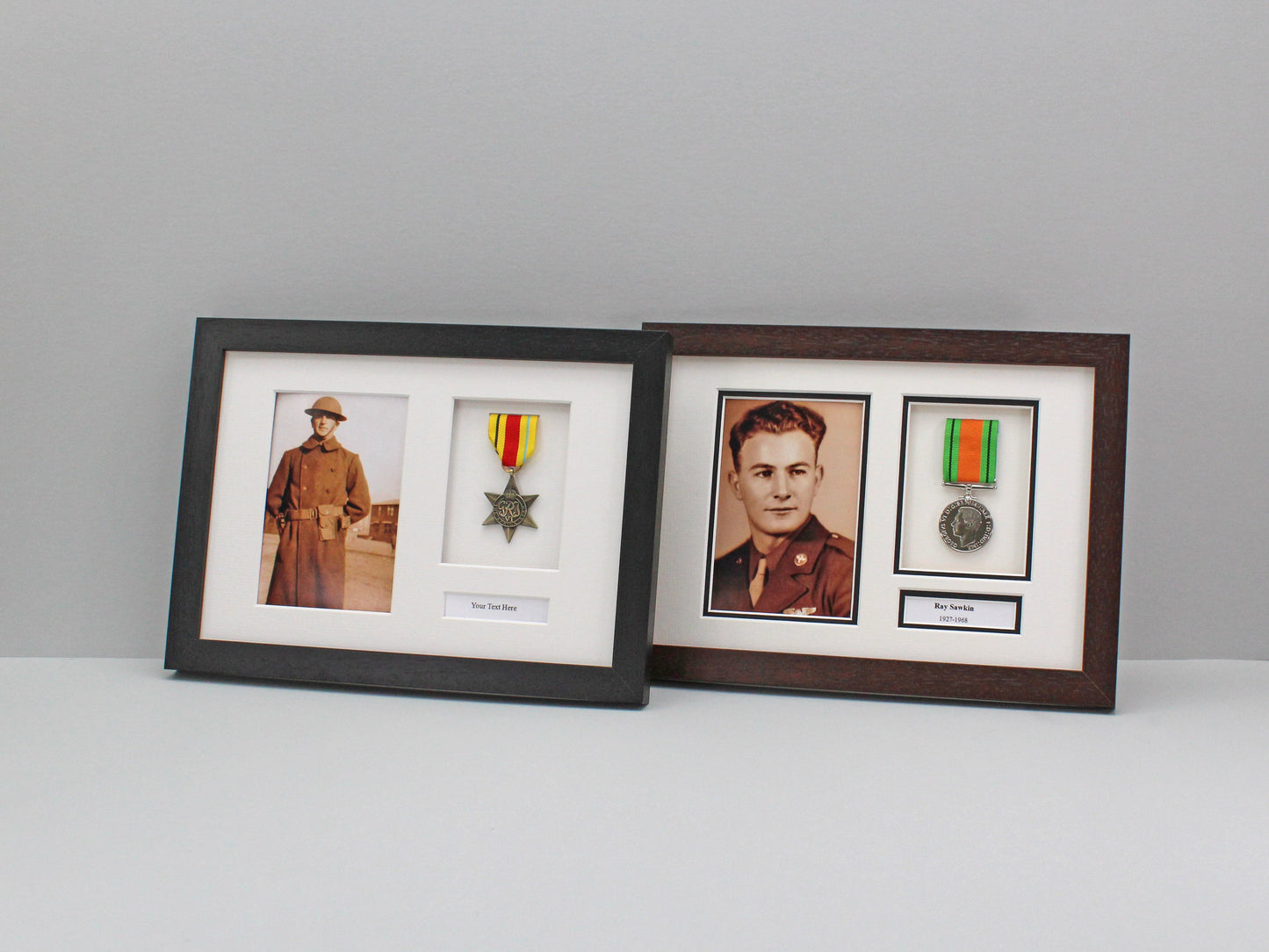 Personalised Military Medal display Frame for One Medal and a 6x4" Photograph. A4. War Medals. - PhotoFramesandMore - Wooden Picture Frames