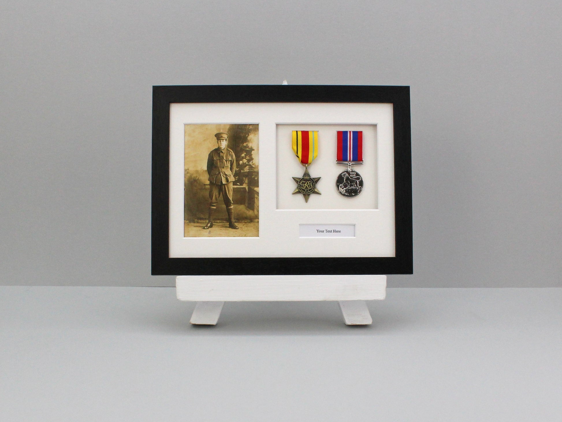 Personalised Military and Service Medal display Frame for Two Medals and a 6x4" Photograph. A4. Handmade. War Medals. WW1. WW2. - PhotoFramesandMore - Wooden Picture Frames