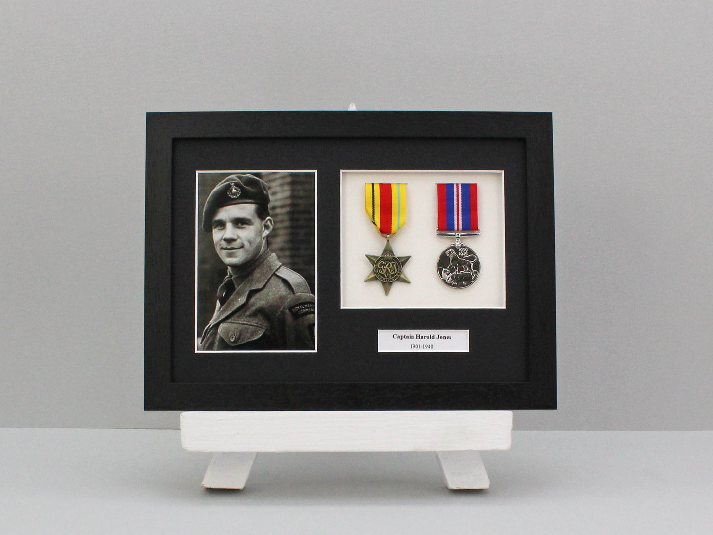Personalised Military and Service Medal display Frame for Two Medals and a 6x4" Photograph. A4. Handmade. War Medals. WW1. WW2. - PhotoFramesandMore - Wooden Picture Frames