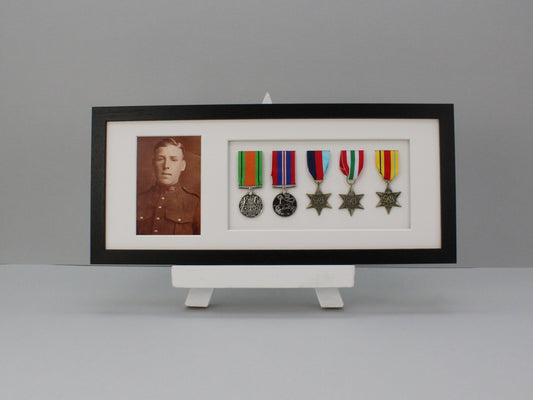 Military  Medal display Frame for Five Medals and one 6x4" Photo | WW1 | WW2 - PhotoFramesandMore - Wooden Picture Frames