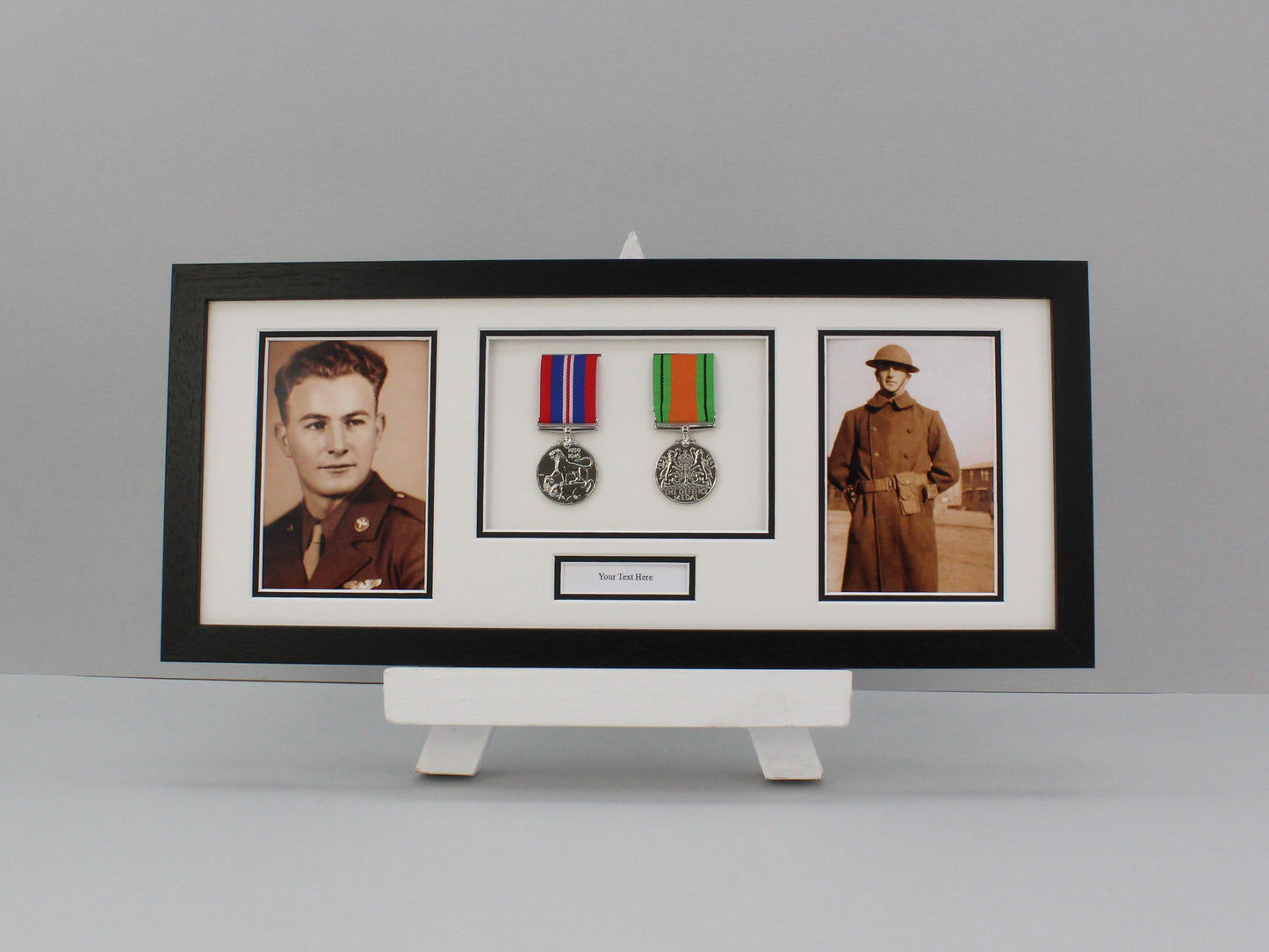 Personalised Military and Service Medal display Frame for Two Medals and two 6x4" Photographs. 20x50cm. Handmade. War Medals. - PhotoFramesandMore - Wooden Picture Frames