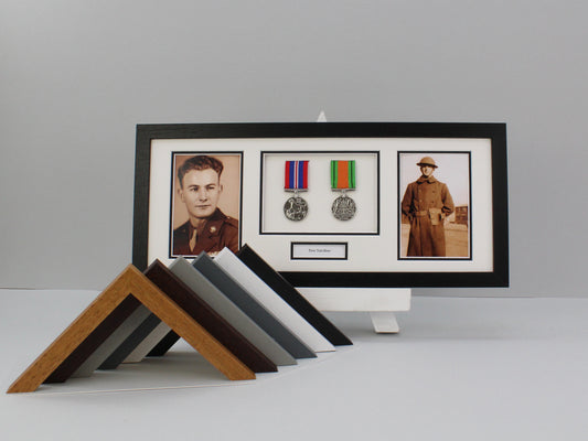 Personalised Military and Service Medal display Frame for Two Medals and two 6x4" Photographs. 20x50cm. Handmade. War Medals. - PhotoFramesandMore - Wooden Picture Frames