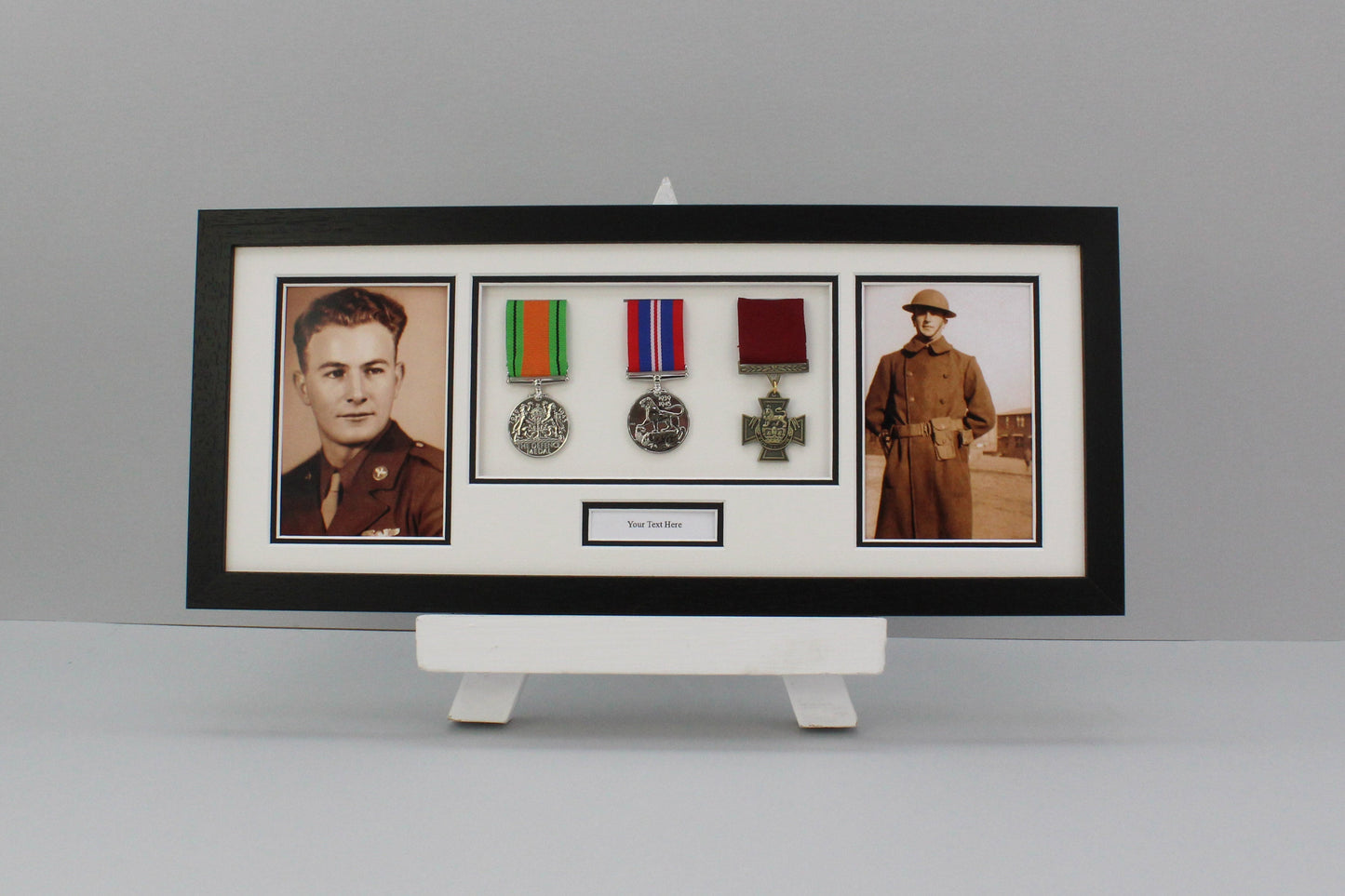 Personalised Military Medal display Frame for Three Medals and two 6x4" Photographs. 20x50cm. Service Medals | War Medals | WW1 | WW2 | Wall Hanging - PhotoFramesandMore - Wooden Picture Frames