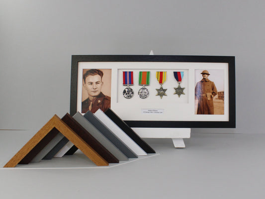 Personalised Military Medal display Frame for Four Medals and Two 6x4" Photographs. 20x50cm. - PhotoFramesandMore - Wooden Picture Frames