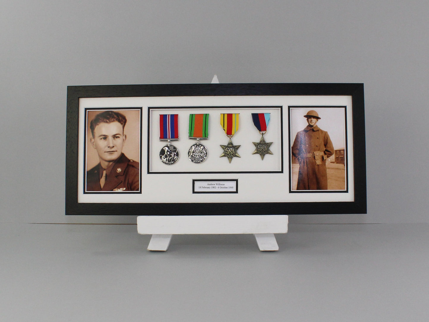 Personalised Military Medal display Frame for Four Medals and Two 6x4" Photographs. 20x50cm. Service Medals | War Medals | WW1 | WW2 | Wall Hanging - PhotoFramesandMore - Wooden Picture Frames
