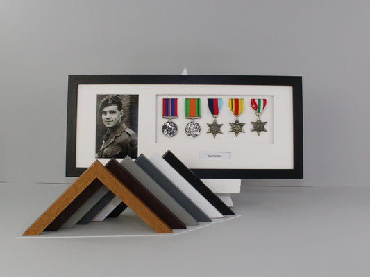 Personalised Military and Service Medal display Frame for Five Medals and one 6x4" Photograph. 20x50cm.War Medals. - PhotoFramesandMore - Wooden Picture Frames