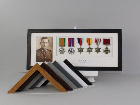 Personalised Military and Service Medal display Frame for Six Medals and a 6x4" Photograph. 20x50cm. - PhotoFramesandMore - Wooden Picture Frames