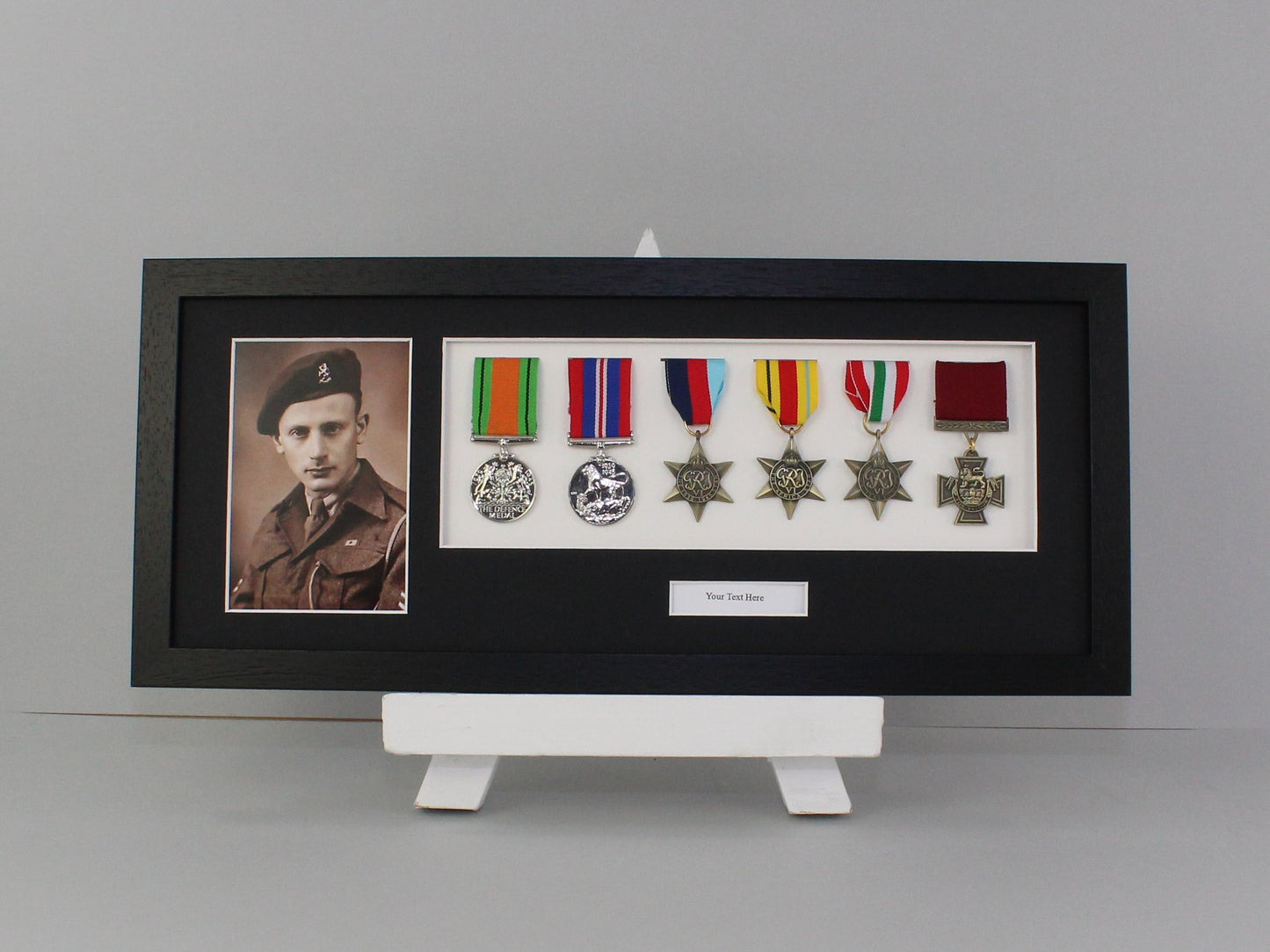 Personalised Military and Service Medal display Frame for Six Medals and a 6x4" Photograph. 20x50cm. - PhotoFramesandMore - Wooden Picture Frames