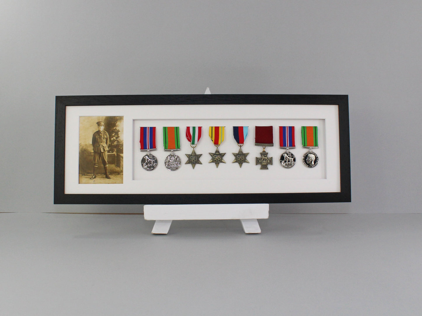 Military and Service Medal display Frame for Eight Medals and a 6x4" Photograph. 20x60cm. Handmade by Art@Home. War Medals. WW1. WW2. - PhotoFramesandMore - Wooden Picture Frames