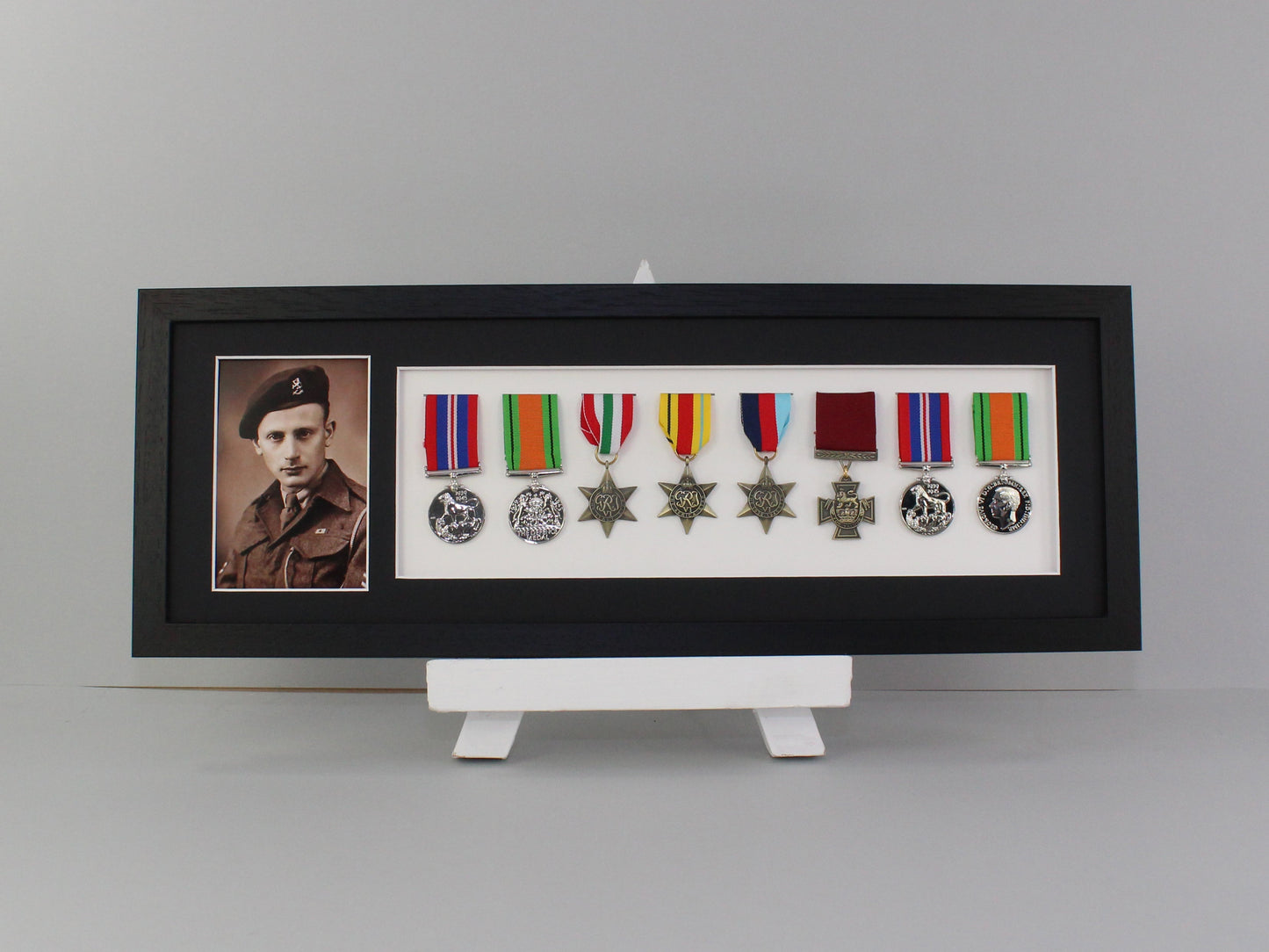 Military and Service Medal display Frame for Eight Medals and a 6x4" Photograph. 20x60cm. Handmade by Art@Home. War Medals. WW1. WW2. - PhotoFramesandMore - Wooden Picture Frames