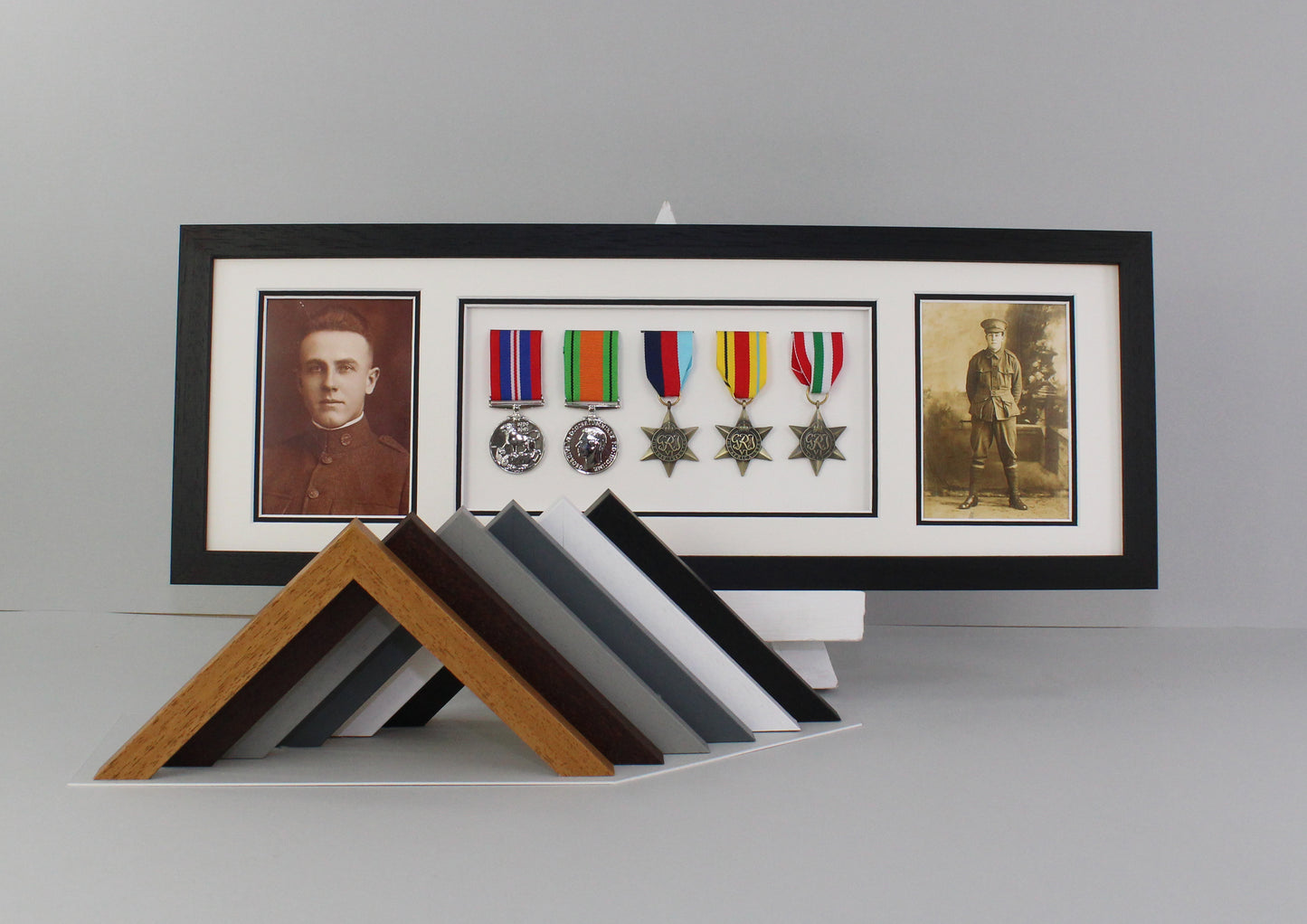 Military and Service Medal display Frame for Five Medals and two 6x4" Photographs. 20x60cm. Service Medals | War Medals | WW1 | WW2 - PhotoFramesandMore - Wooden Picture Frames