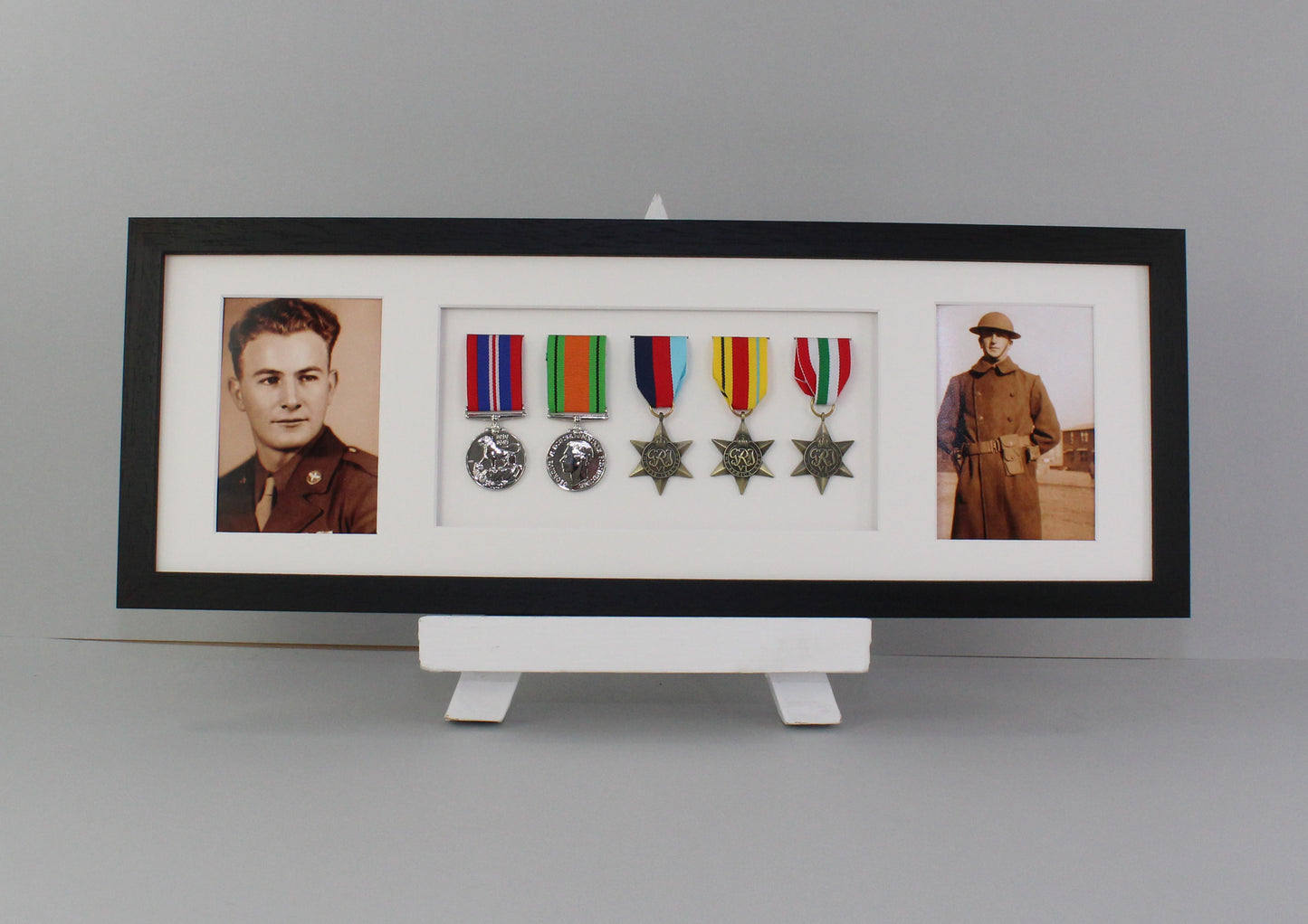 Military and Service Medal display Frame for Five Medals and two 6x4" Photographs. 20x60cm. Service Medals | War Medals | WW1 | WW2 - PhotoFramesandMore - Wooden Picture Frames