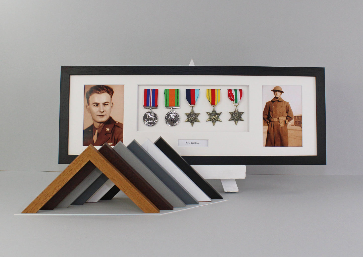Personalised Military Medal display Frame for Five Medals and two 6x4" Photographs. 20x60cm. War Medals. - PhotoFramesandMore - Wooden Picture Frames