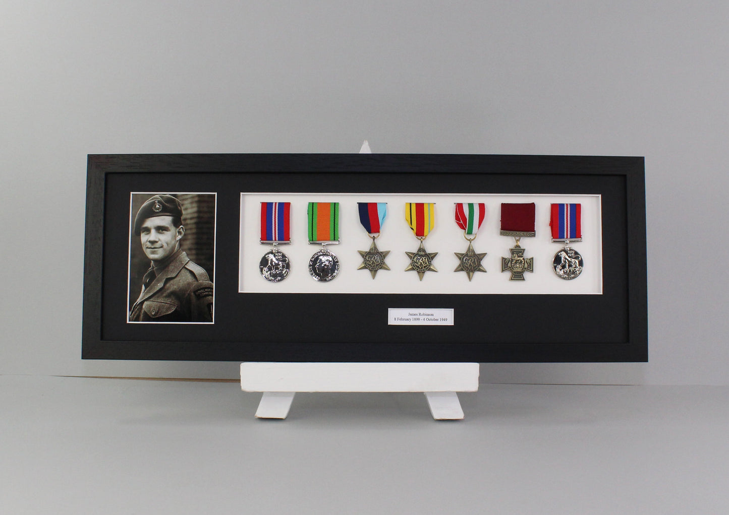 Personalised Military Medal display Frame for Seven Medals and a 6x4" Photograph. 20x60cm. War Medals. - PhotoFramesandMore - Wooden Picture Frames