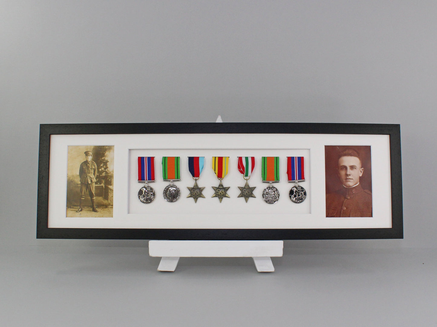 Military and Service Medal display Frame for Seven Medals and two 6x4" Photographs. 20x70cm. - PhotoFramesandMore - Wooden Picture Frames