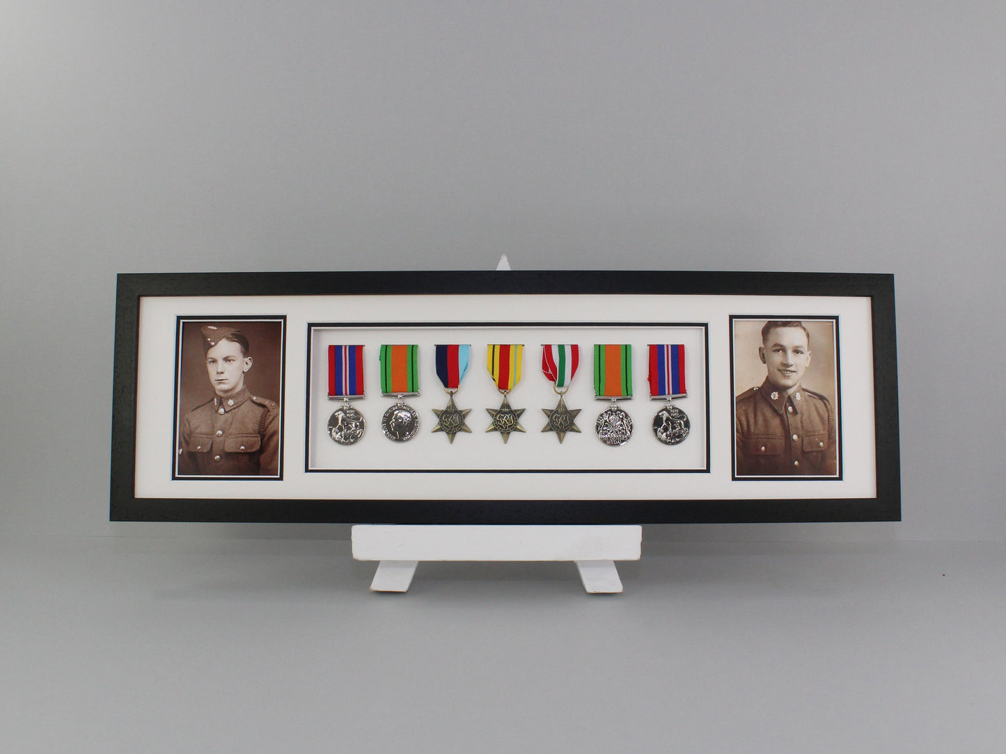 Military and Service Medal display Frame for Seven Medals and two 6x4" Photographs. 20x70cm. - PhotoFramesandMore - Wooden Picture Frames