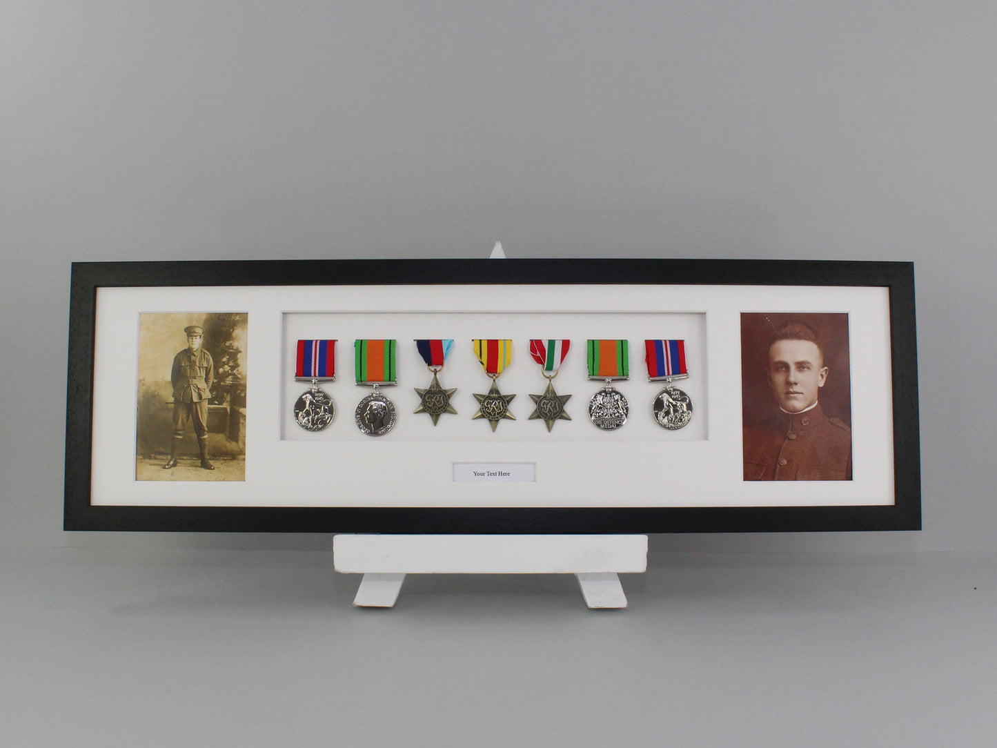 Personalised Military Medal display Frame for Seven Medals and two 6x4" Photographs. 20x70cm. War Medals. - PhotoFramesandMore - Wooden Picture Frames