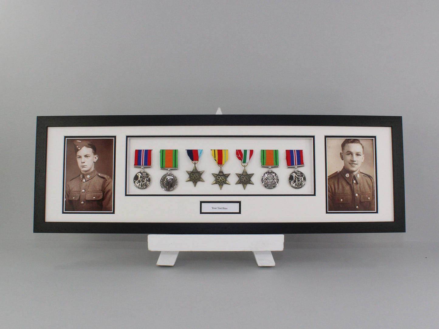 Personalised Military Medal display Frame for Seven Medals and two 6x4" Photographs. 20x70cm. War Medals. - PhotoFramesandMore - Wooden Picture Frames