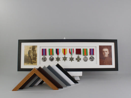 Military and Service Medal display Frame for Eight Medals and two 6x4" Photographs. 20x70cm. Handmade by Art@Home. War Medals. - PhotoFramesandMore - Wooden Picture Frames