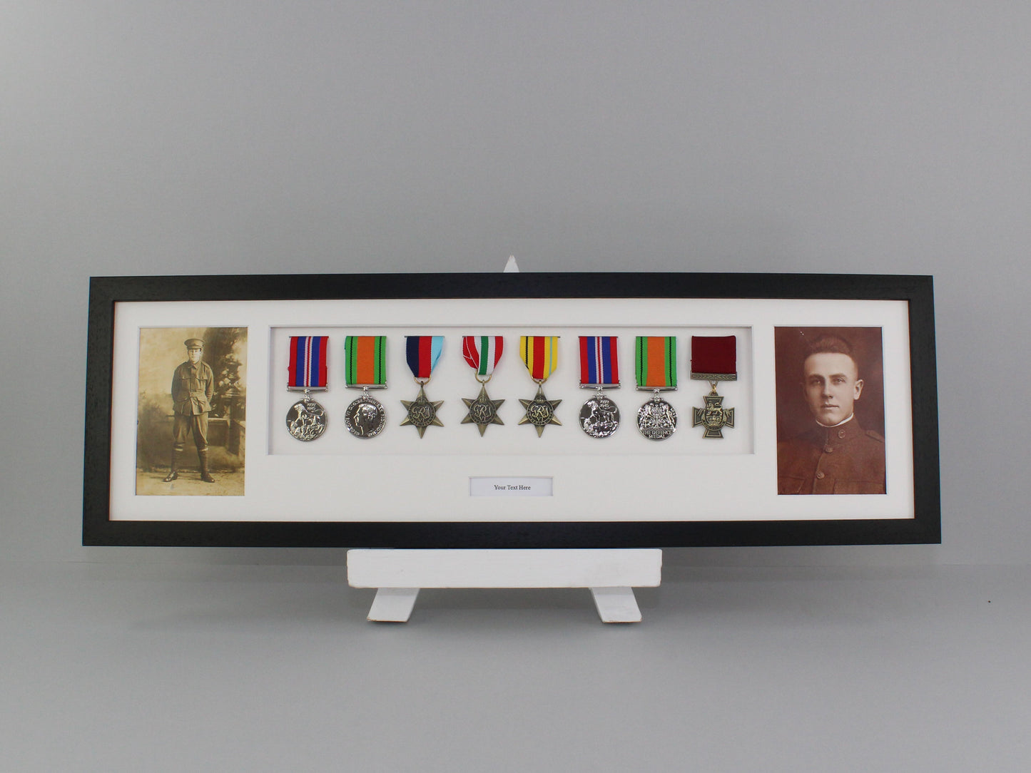 Personalised Military Medal display Frame for Eight Medals and two 6x4" Photographs. 20x70cm. War Medals. - PhotoFramesandMore - Wooden Picture Frames