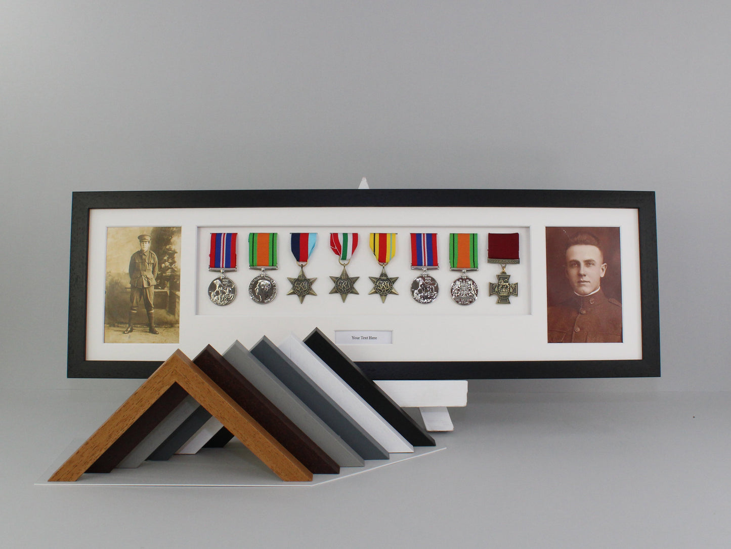 Personalised Military Medal display Frame for Eight Medals and two 6x4" Photographs. 20x70cm. War Medals. - PhotoFramesandMore - Wooden Picture Frames