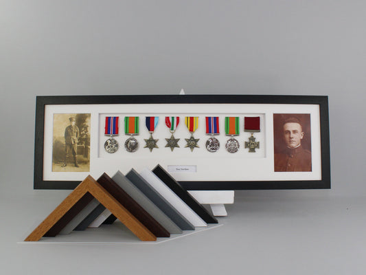 Personalised Military Medal display Frame for Eight Medals and two 6x4" Photographs. 20x70cm.  War Medals. - PhotoFramesandMore - Wooden Picture Frames