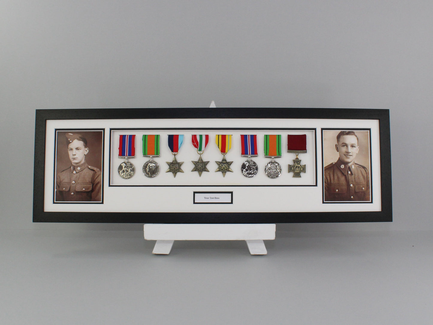 Personalised Military Medal display Frame for Eight Medals and two 6x4" Photographs. 20x70cm. War Medals. - PhotoFramesandMore - Wooden Picture Frames