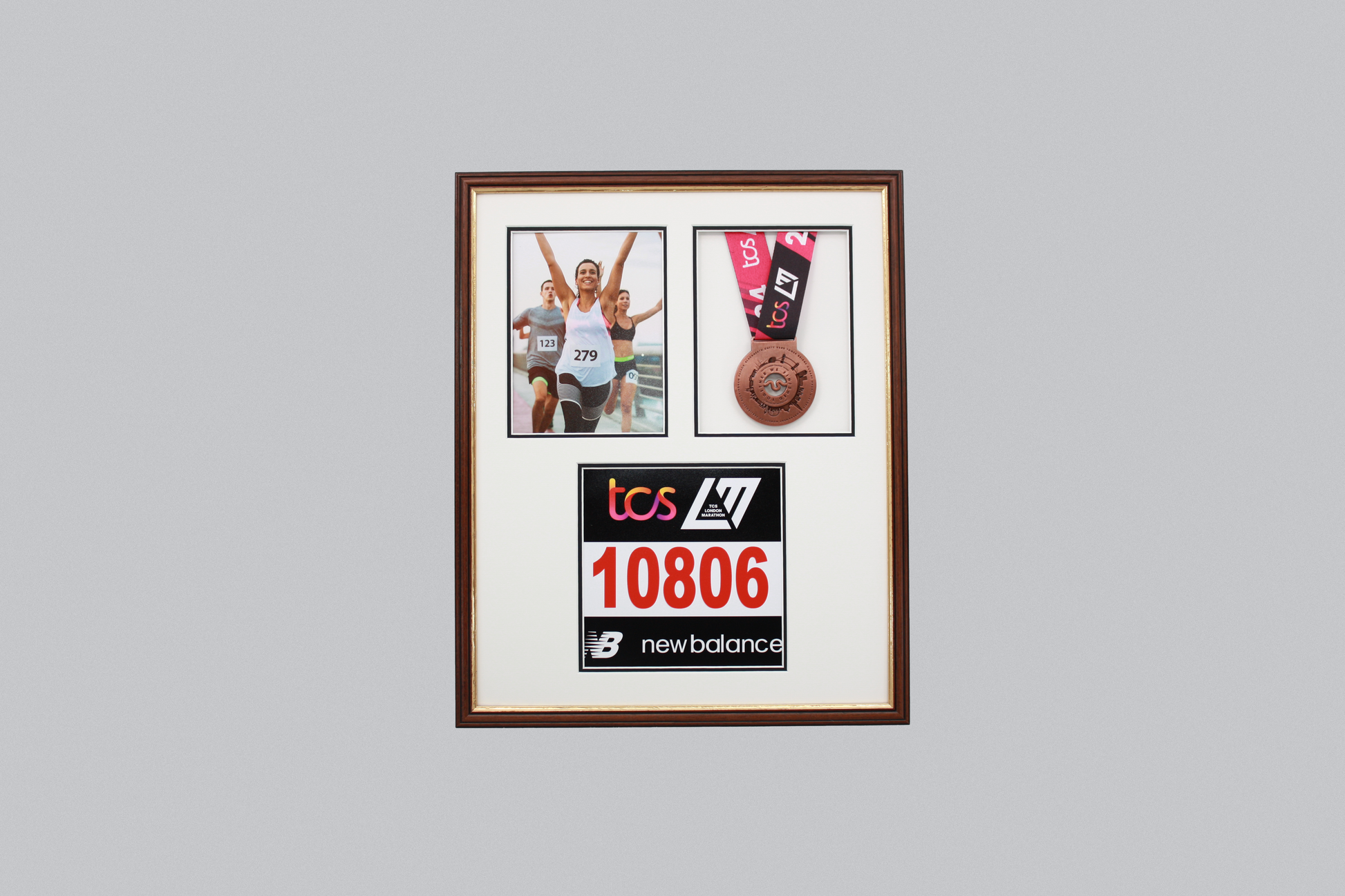Medal display Frame with Apertures for Bib  &  Photo. Traditional Range. - PhotoFramesandMore - Wooden Picture Frames