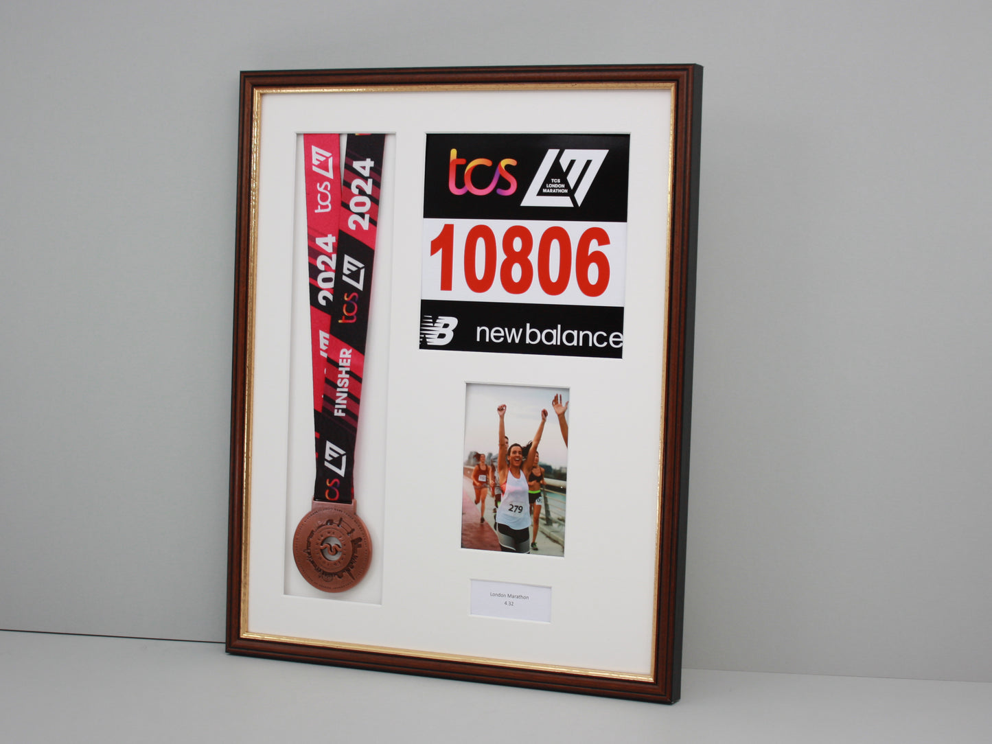 Personalised Medal display Frame with Apertures for Medal, Race Bib, 6x4" Portrait Photo and Text. Traditional Range. - PhotoFramesandMore - Wooden Picture Frames