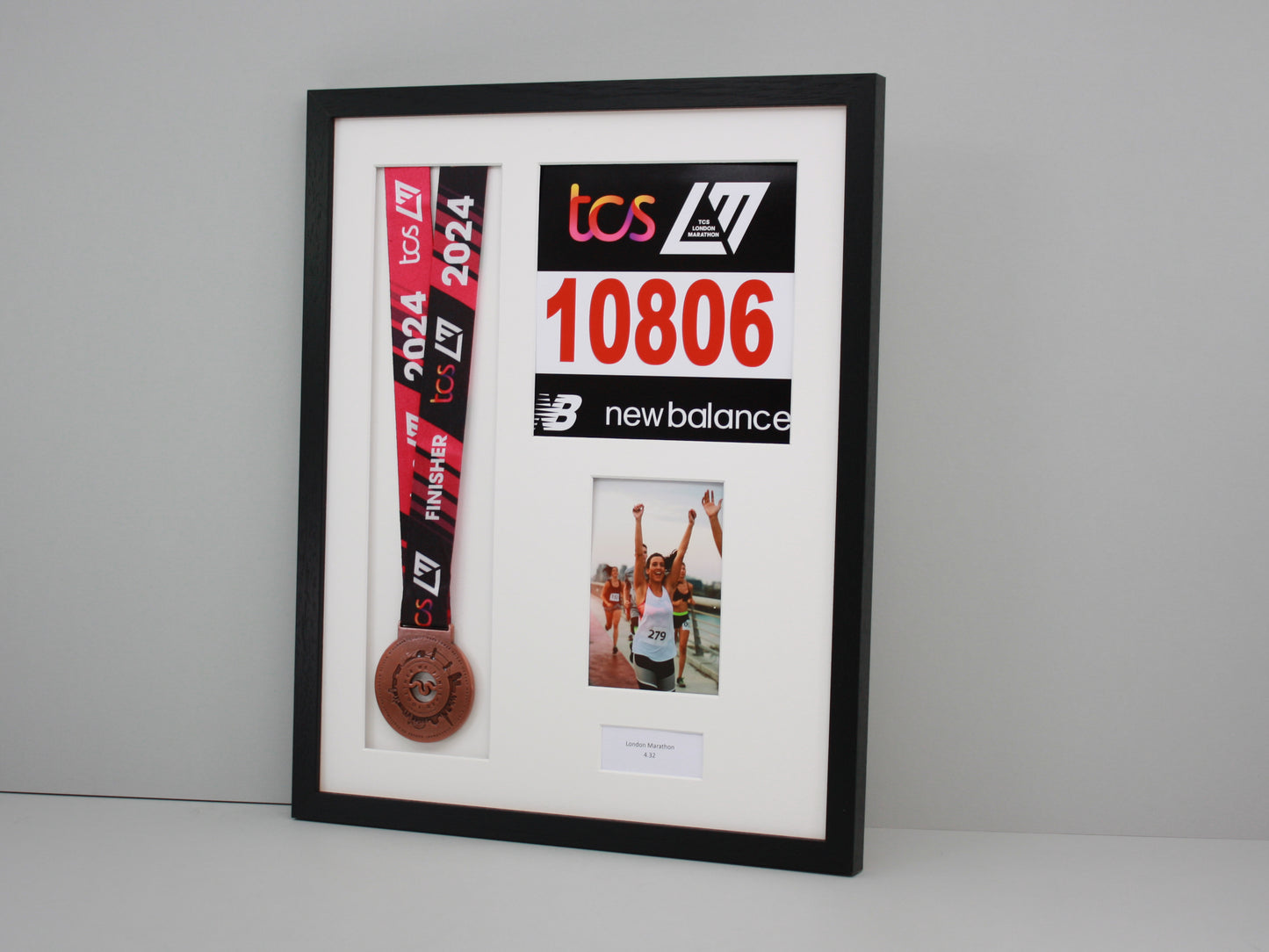 Personalised Medal display Frame with Apertures for Medal, Race Bib, 6x4" Photo and Text. - PhotoFramesandMore - Wooden Picture Frames