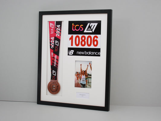 Personalised Medal display Frame with Apertures for Medal, Race Bib, 6x4" Photo and Text. - PhotoFramesandMore - Wooden Picture Frames