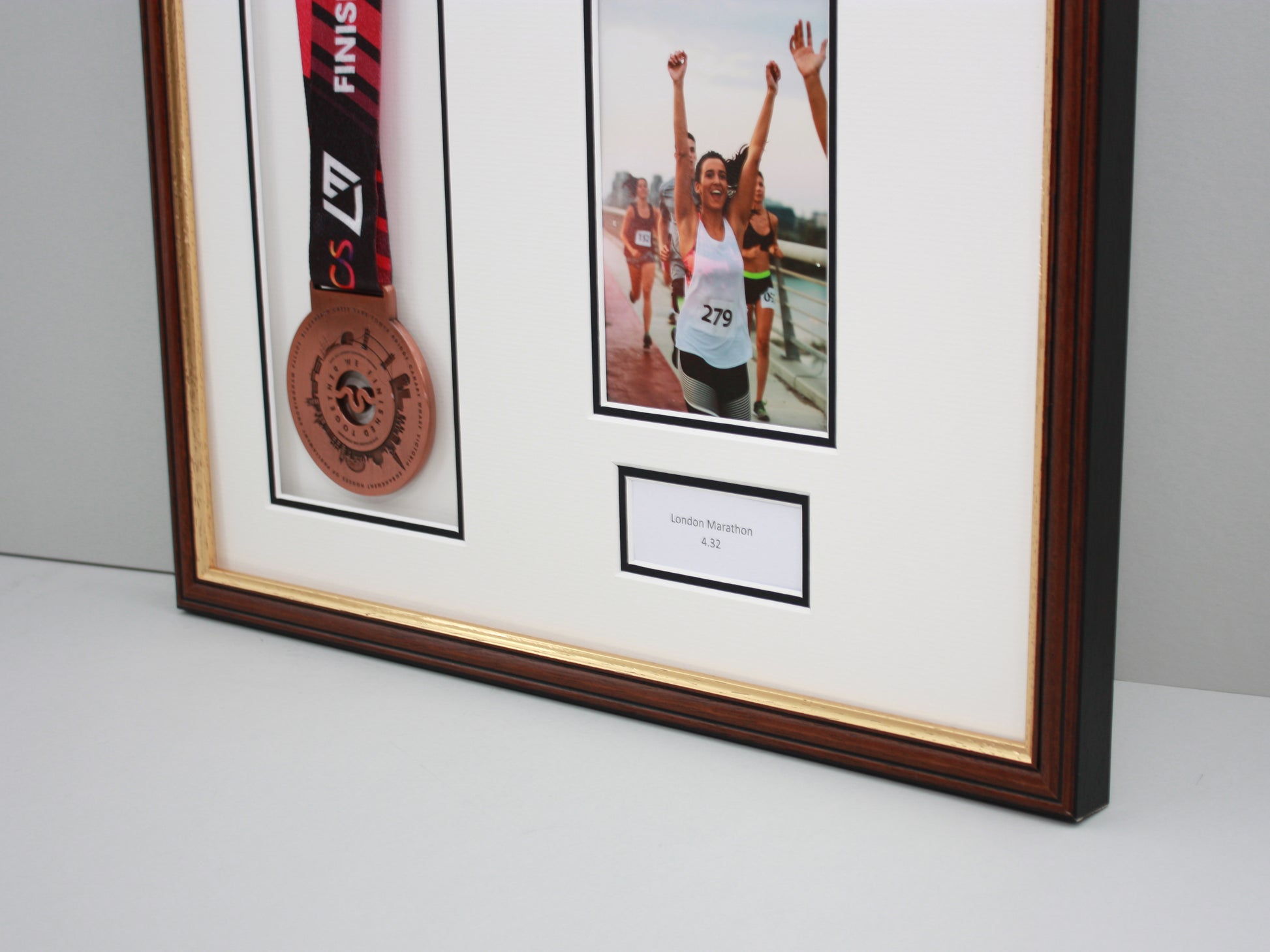 Personalised Medal display Frame with Apertures for Medal, Race Bib, 6x4" Portrait Photo and Text. Traditional Range. - PhotoFramesandMore - Wooden Picture Frames