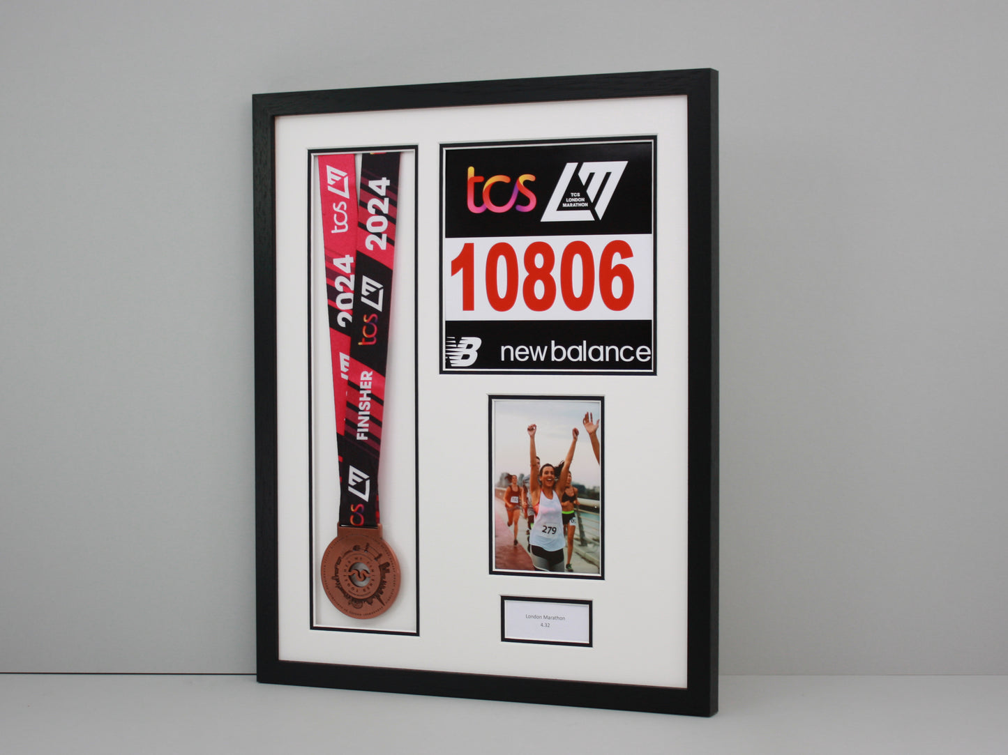 Personalised Medal display Frame with Apertures for Medal, Race Bib, 6x4" Photo and Text. - PhotoFramesandMore - Wooden Picture Frames