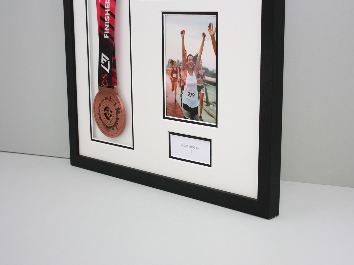 Personalised Medal display Frame with Apertures for Medal, Race Bib, 6x4" Photo and Text. - PhotoFramesandMore - Wooden Picture Frames