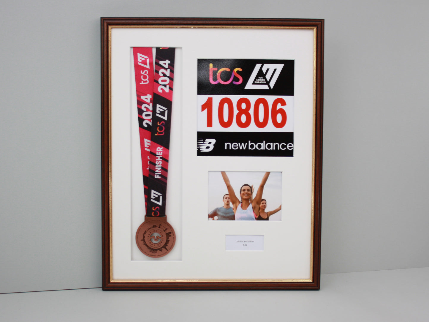 Personalised Medal display Frame with Apertures for Medal, Race Bib, 6x4" Landscape Photo and Text. Traditional Range. - PhotoFramesandMore - Wooden Picture Frames