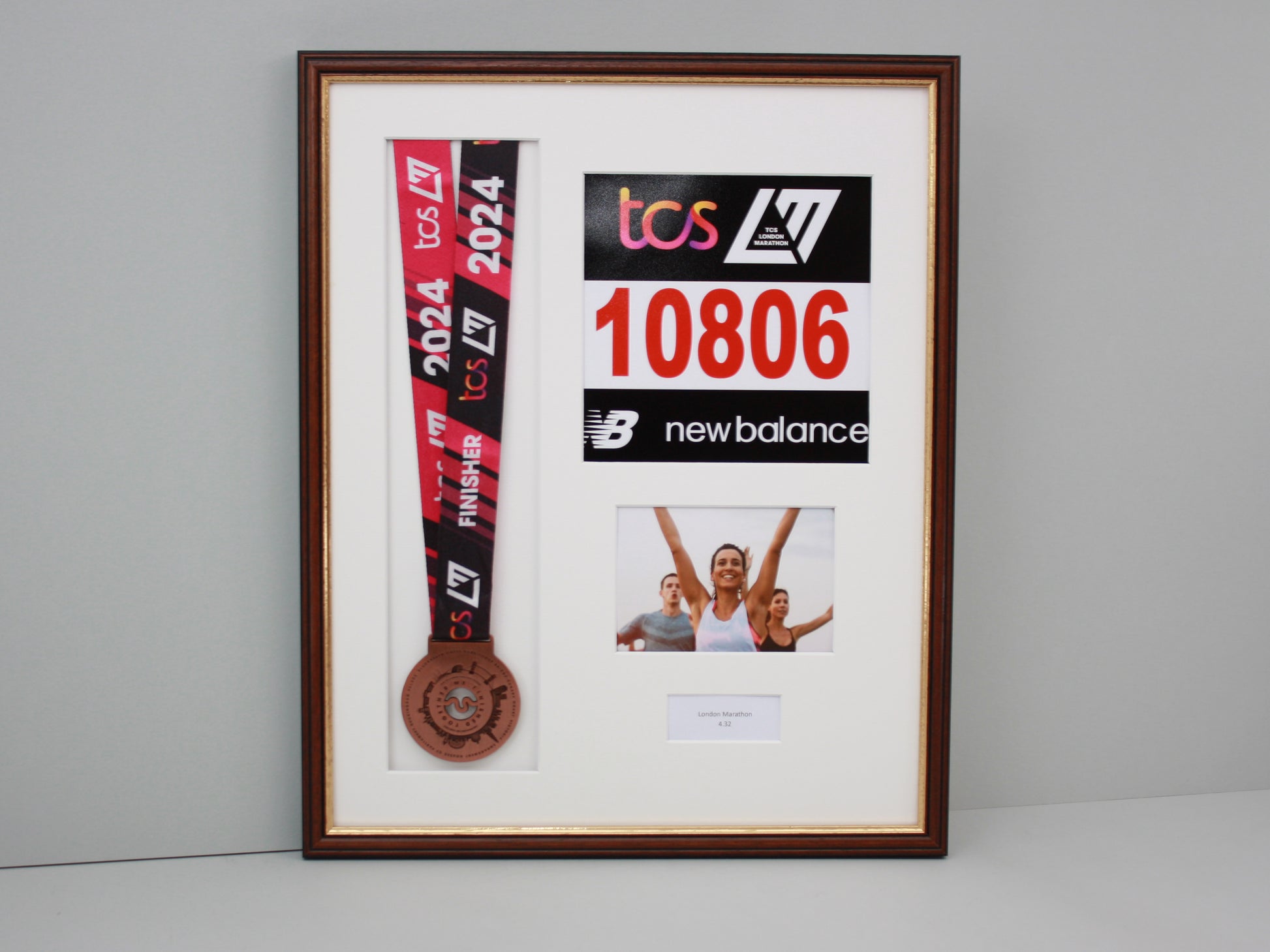 Personalised Medal display Frame with Apertures for Medal, Race Bib, 6x4" Landscape Photo and Text. Traditional Range. - PhotoFramesandMore - Wooden Picture Frames