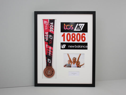 Personalised Medal display Frame with Apertures for Medal, Race Bib, Landscape 6x4" Photo and Text. - PhotoFramesandMore - Wooden Picture Frames