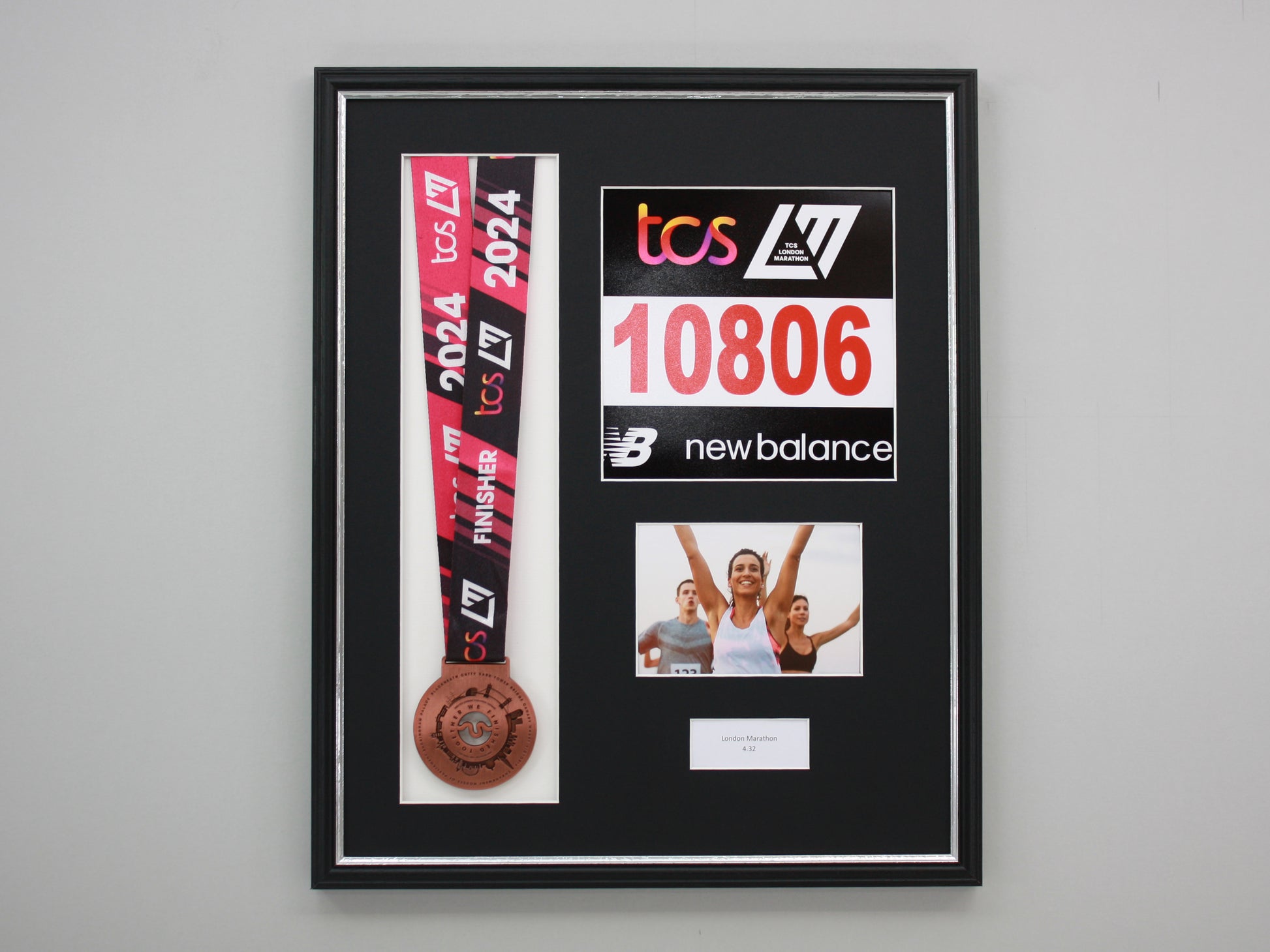 Personalised Medal display Frame with Apertures for Medal, Race Bib, 6x4" Landscape Photo and Text. Traditional Range. - PhotoFramesandMore - Wooden Picture Frames