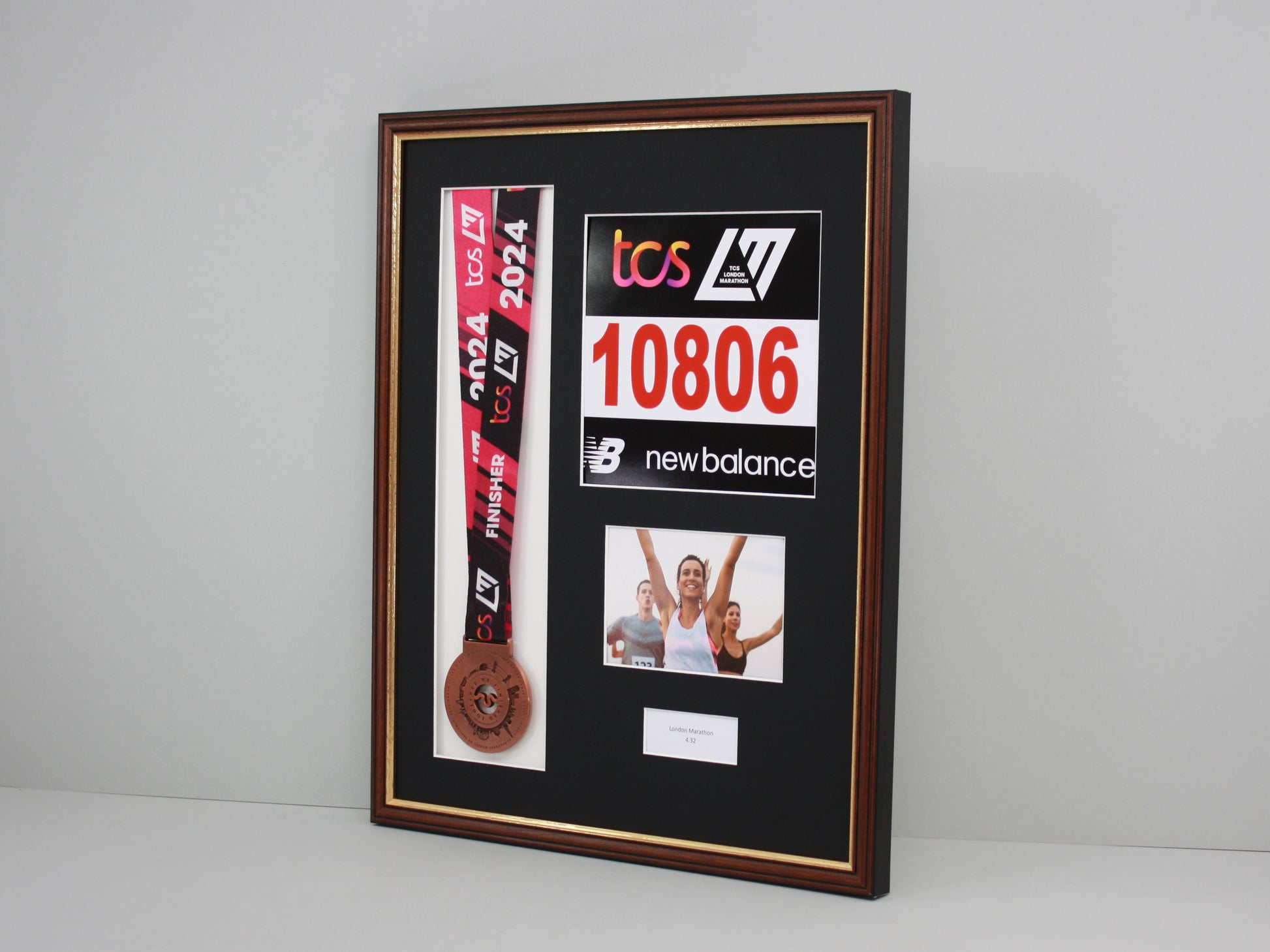 Personalised Medal display Frame with Apertures for Medal, Race Bib, 6x4" Landscape Photo and Text. Traditional Range. - PhotoFramesandMore - Wooden Picture Frames