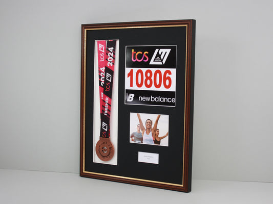 Personalised Medal display Frame with Apertures for Medal, Race Bib, 6x4" Landscape Photo and Text. Traditional Range. - PhotoFramesandMore - Wooden Picture Frames