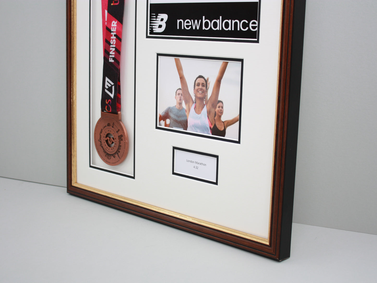 Personalised Medal display Frame with Apertures for Medal, Race Bib, 6x4" Landscape Photo and Text. Traditional Range. - PhotoFramesandMore - Wooden Picture Frames