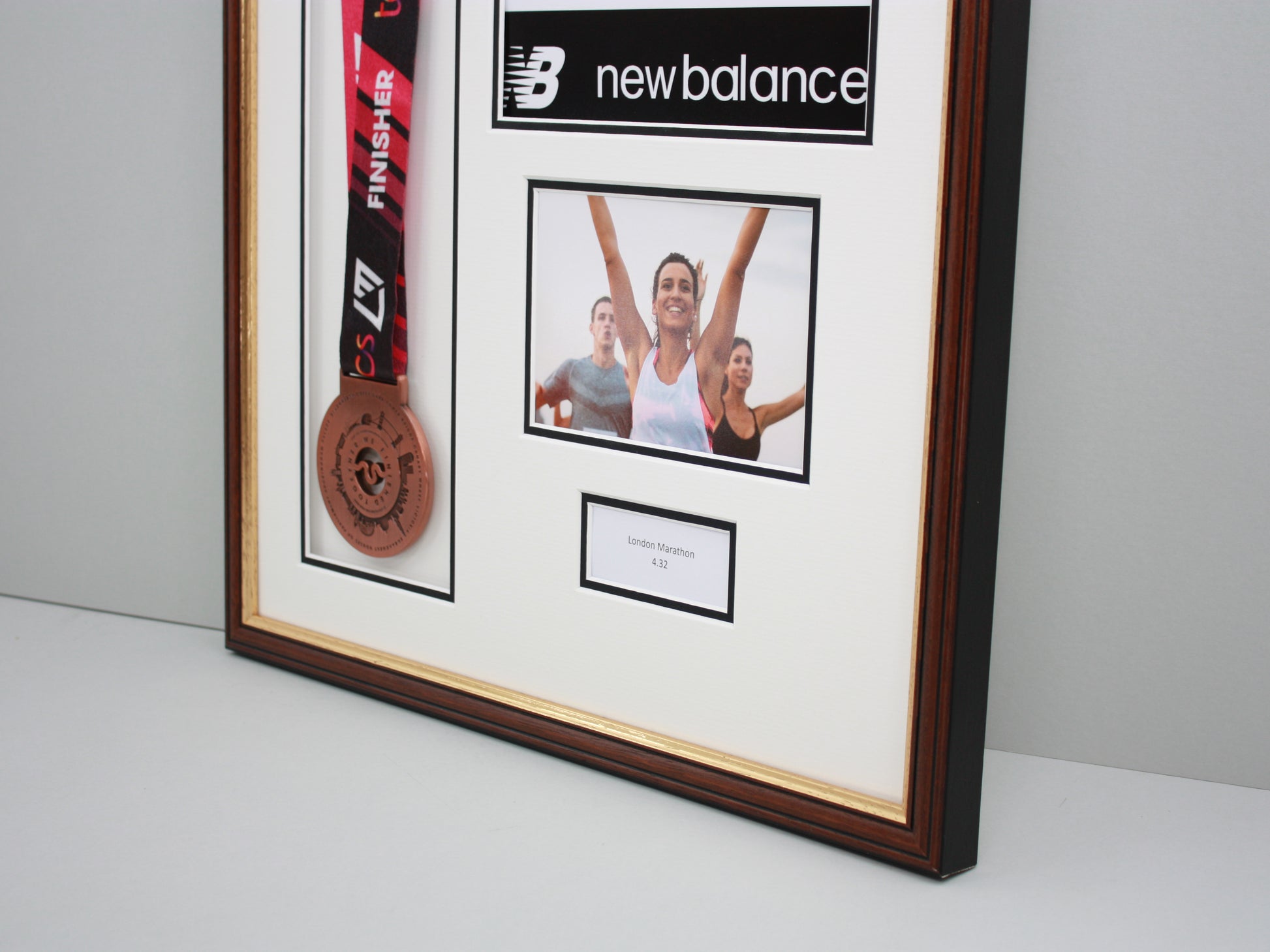 Personalised Medal display Frame with Apertures for Medal, Race Bib, 6x4" Landscape Photo and Text. Traditional Range. - PhotoFramesandMore - Wooden Picture Frames