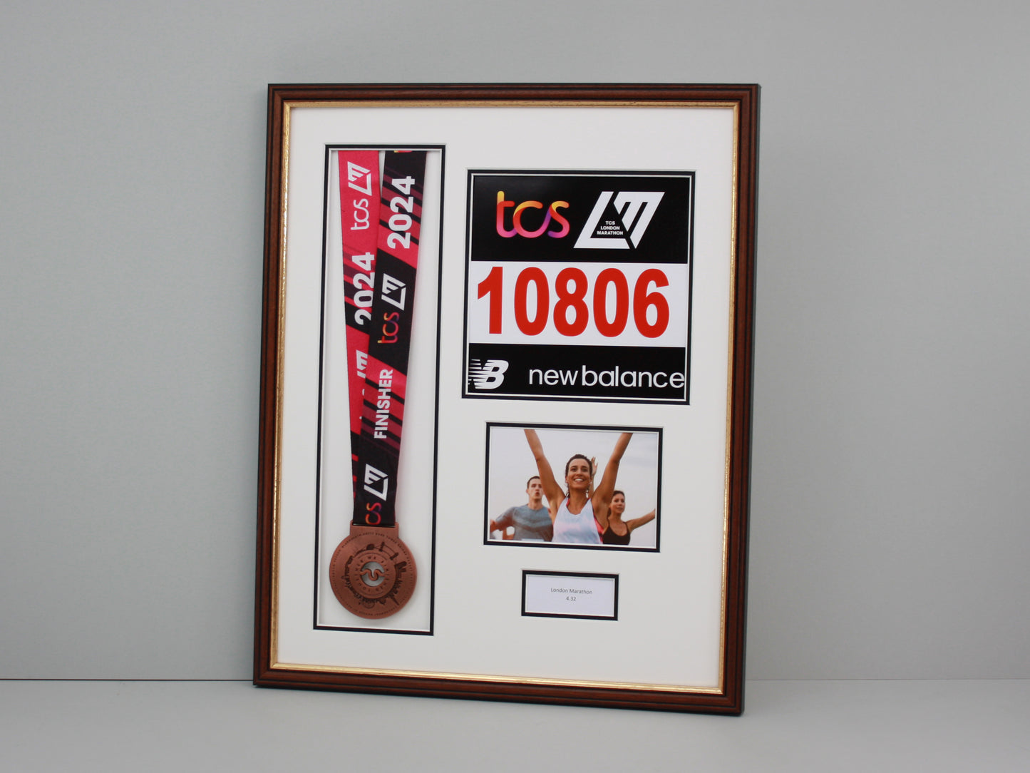 Personalised Medal display Frame with Apertures for Medal, Race Bib, 6x4" Landscape Photo and Text. Traditional Range. - PhotoFramesandMore - Wooden Picture Frames