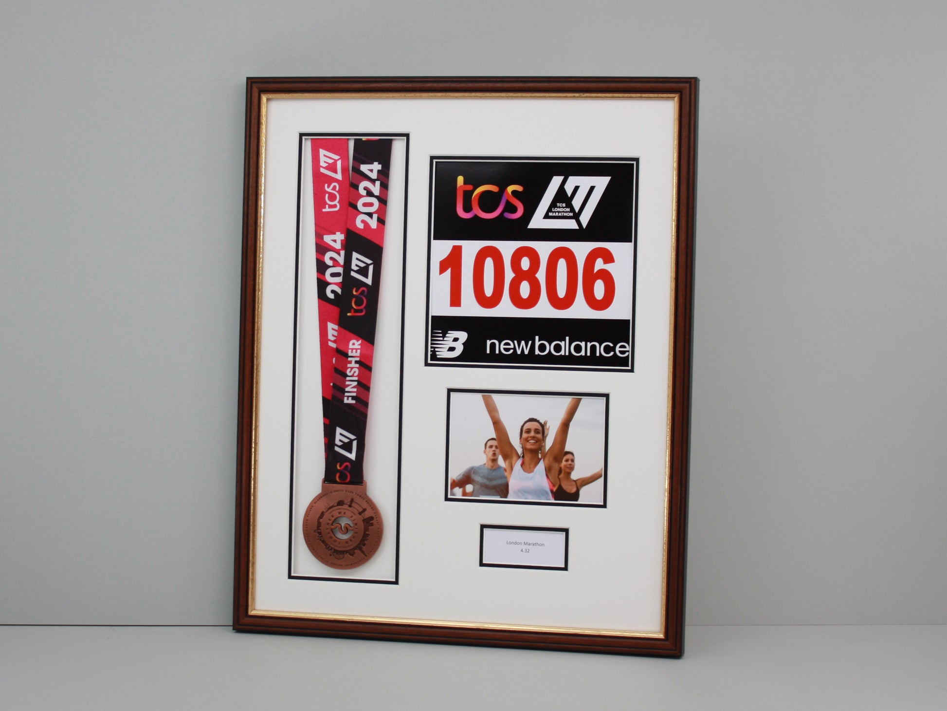 Personalised Medal display Frame with Apertures for Medal, Race Bib, 6x4" Landscape Photo and Text. Traditional Range. - PhotoFramesandMore - Wooden Picture Frames